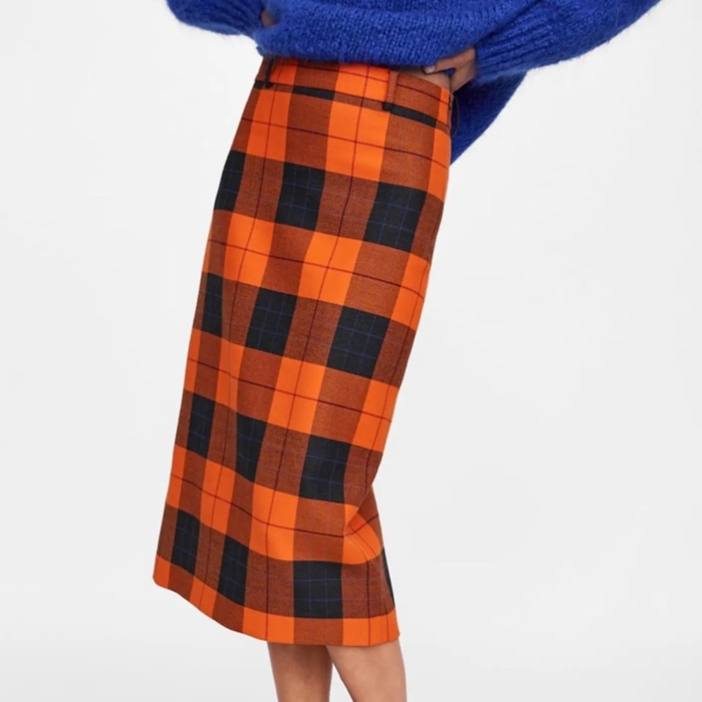 Zara Orange and Black Plaid Pencil Skirt